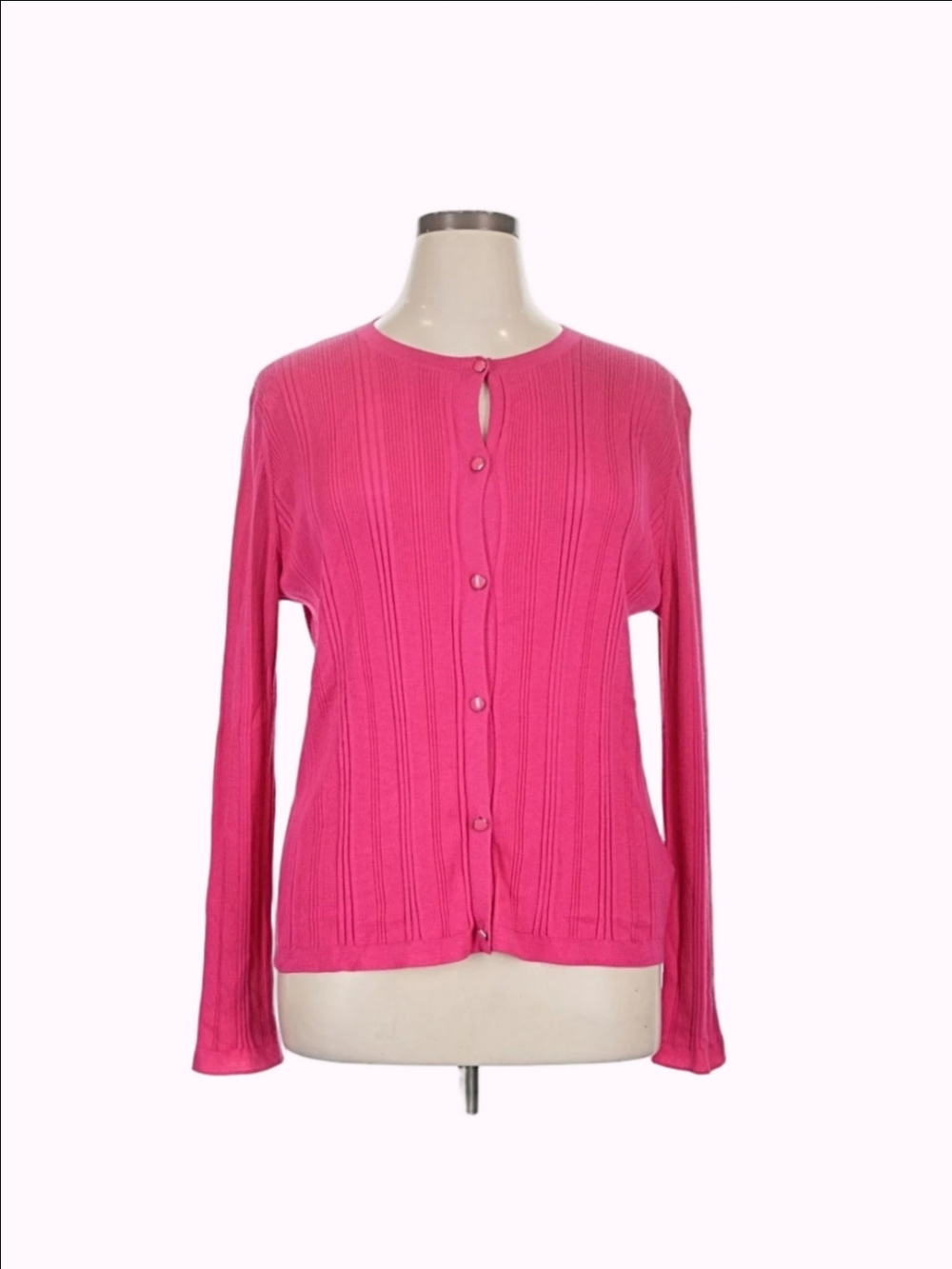St. John Bright Pink Ribbed Button-Front Cardigan